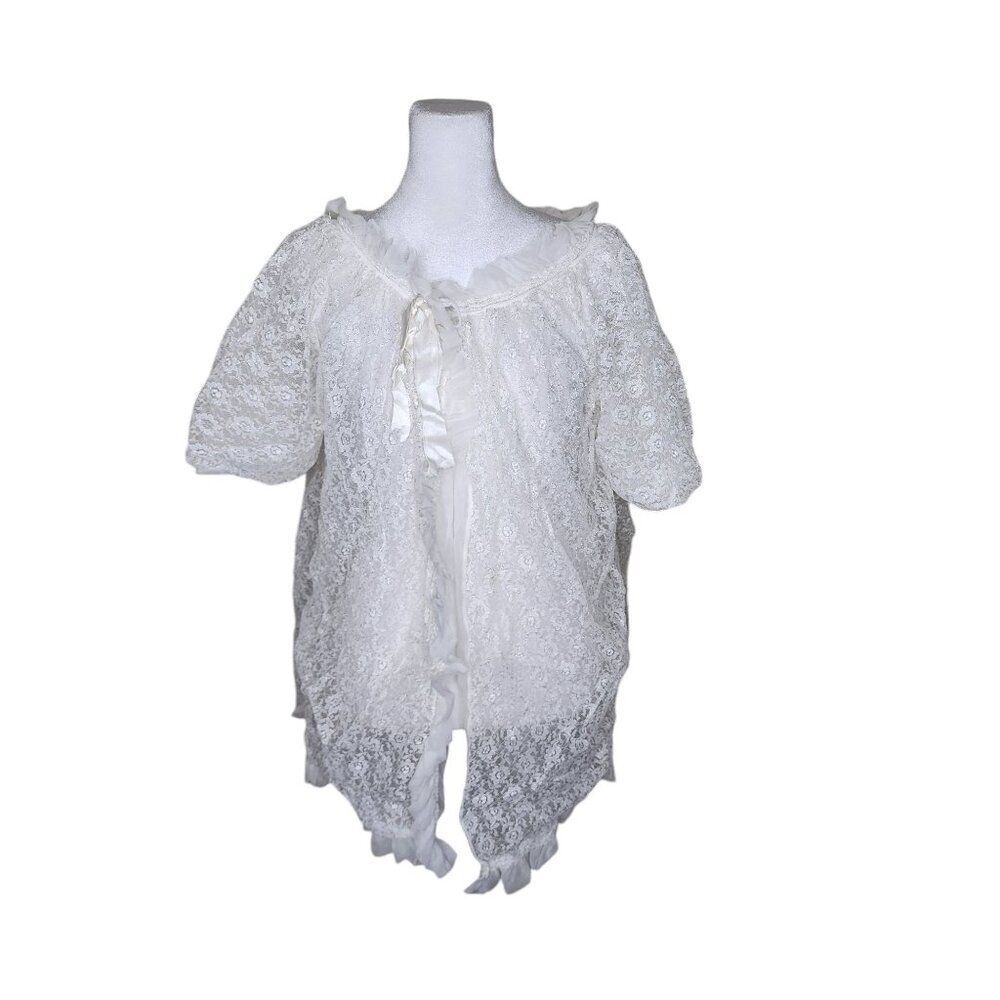 Vintage 60s GMC Lace Babydoll Sheer Short Sleeve Robe Womens M White